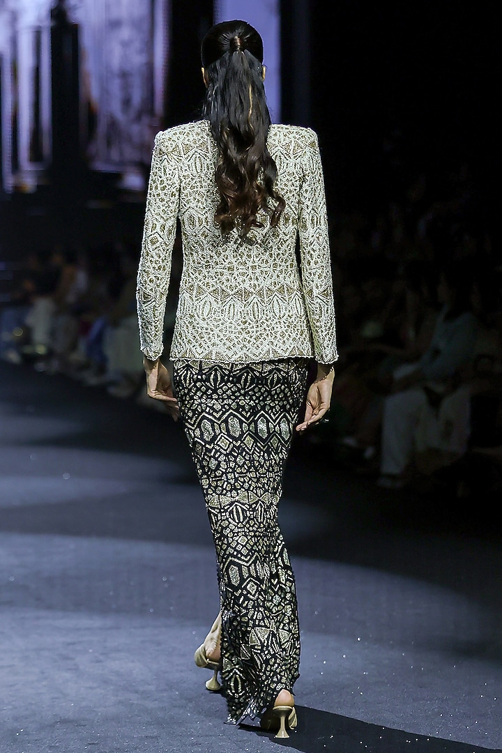 Ivory Net Thread Embroidered Jacket Set by Ritika Mirchandani at Pernia's Pop Up Shop