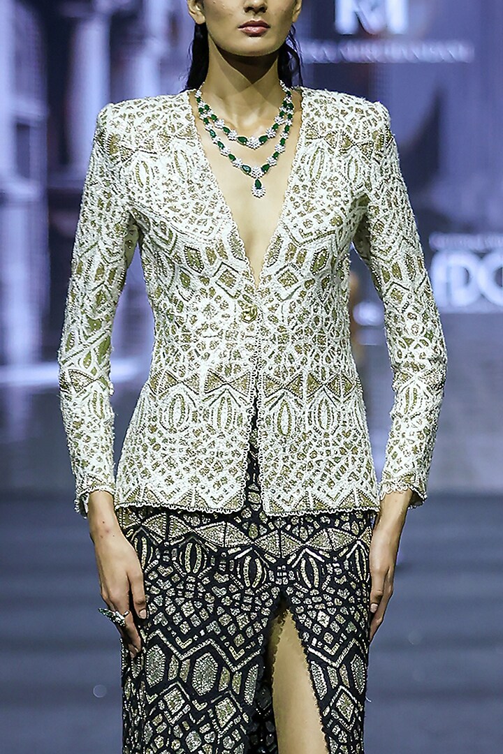 Ivory Net Thread Embroidered Jacket Set by Ritika Mirchandani at Pernia's Pop Up Shop