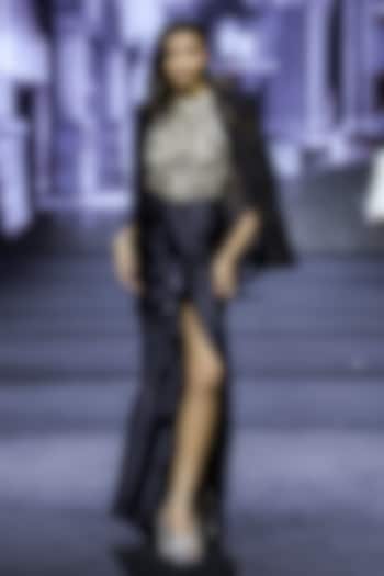 Black Net Cutwork Embroidered Draped Skirt Set by Ritika Mirchandani at Pernia's Pop Up Shop