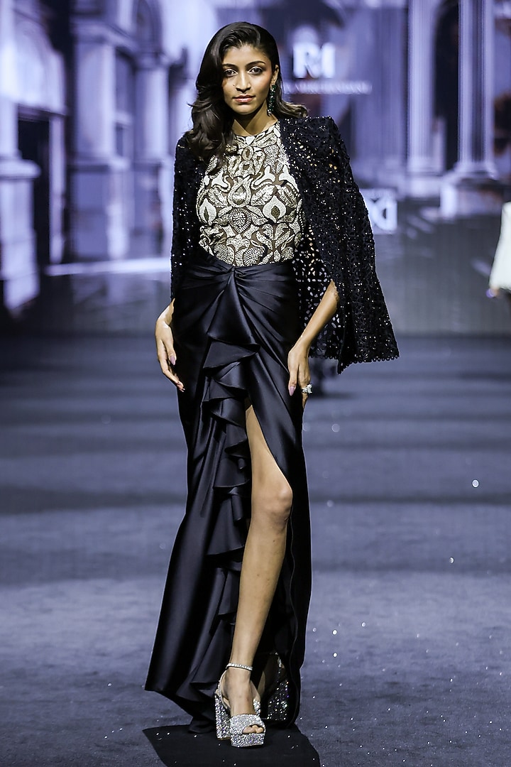 Black Net Cutwork Embroidered Draped Skirt Set by Ritika Mirchandani at Pernia's Pop Up Shop