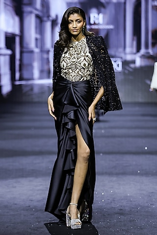 Black Net Cutwork Embroidered Draped Skirt Set by Ritika Mirchandani