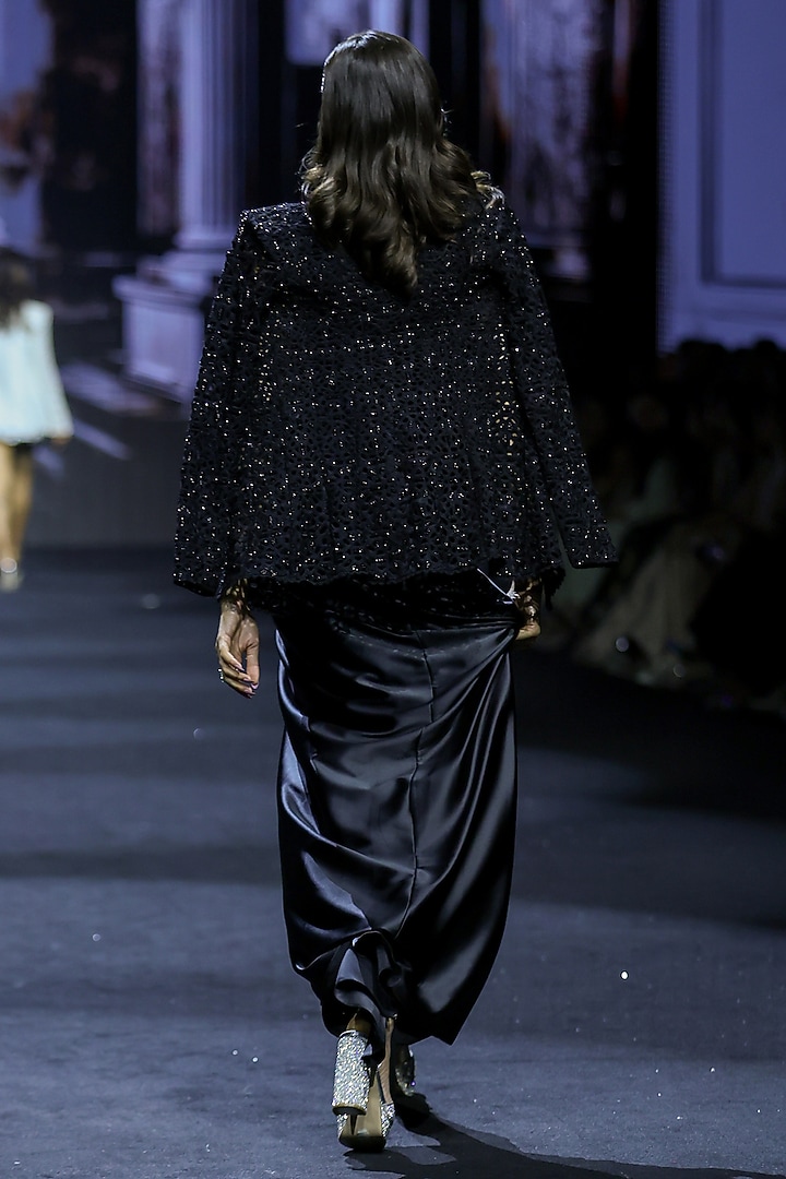 Black Net Cutwork Embroidered Draped Skirt Set by Ritika Mirchandani at Pernia's Pop Up Shop