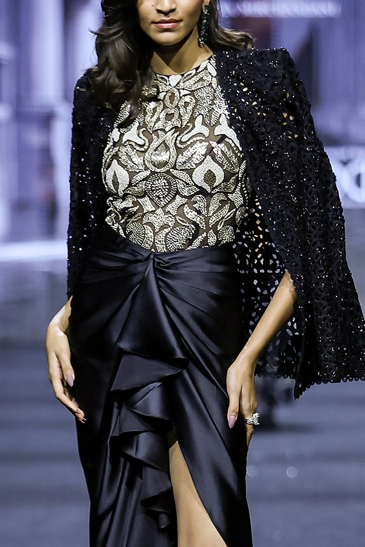 Black Net Cutwork Embroidered Draped Skirt Set by Ritika Mirchandani at Pernia's Pop Up Shop