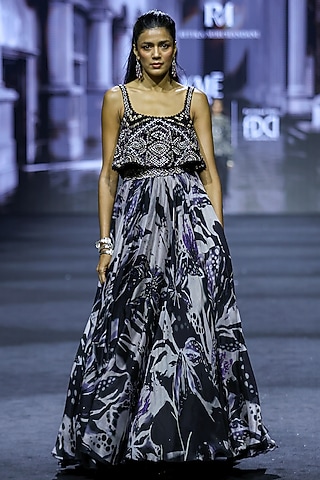 Black Organza Floral Printed Skirt Set by Ritika Mirchandani