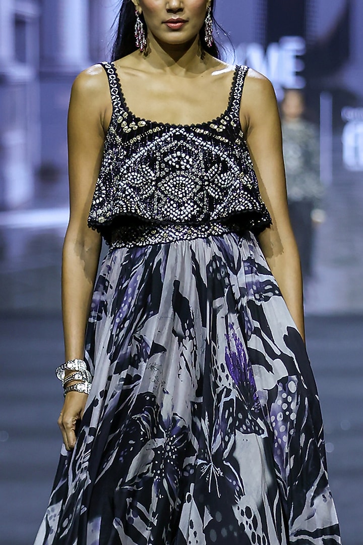Black Organza Floral Printed Skirt Set by Ritika Mirchandani at Pernia's Pop Up Shop