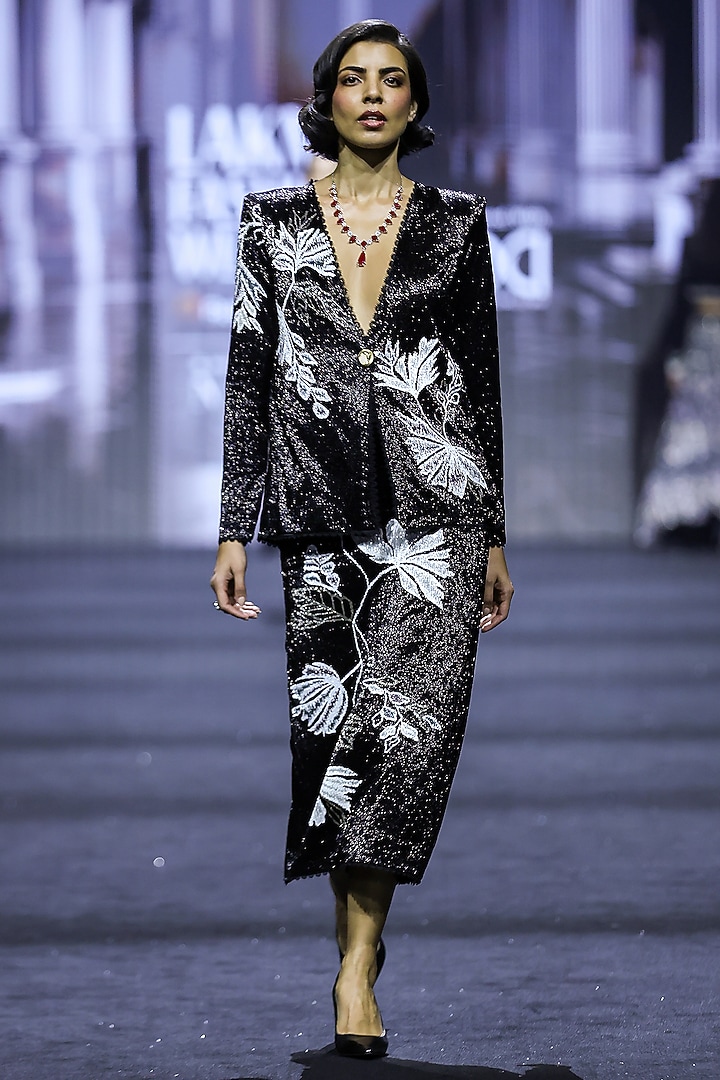 Black Net Floral Embroidered Jacket Set by Ritika Mirchandani at Pernia's Pop Up Shop
