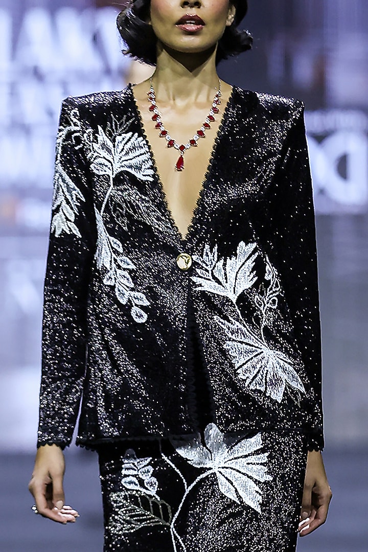 Black Net Floral Embroidered Jacket Set by Ritika Mirchandani at Pernia's Pop Up Shop