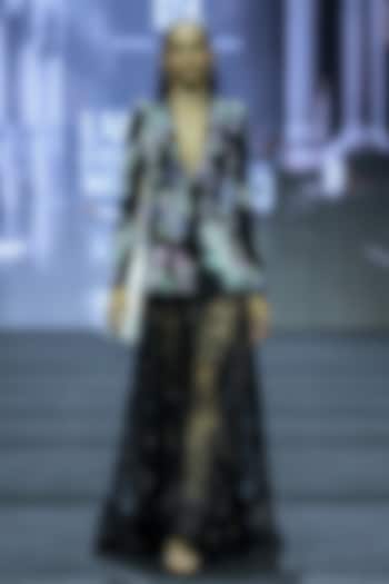 Black Net Floral Embroidered Jacket Set by Ritika Mirchandani at Pernia's Pop Up Shop