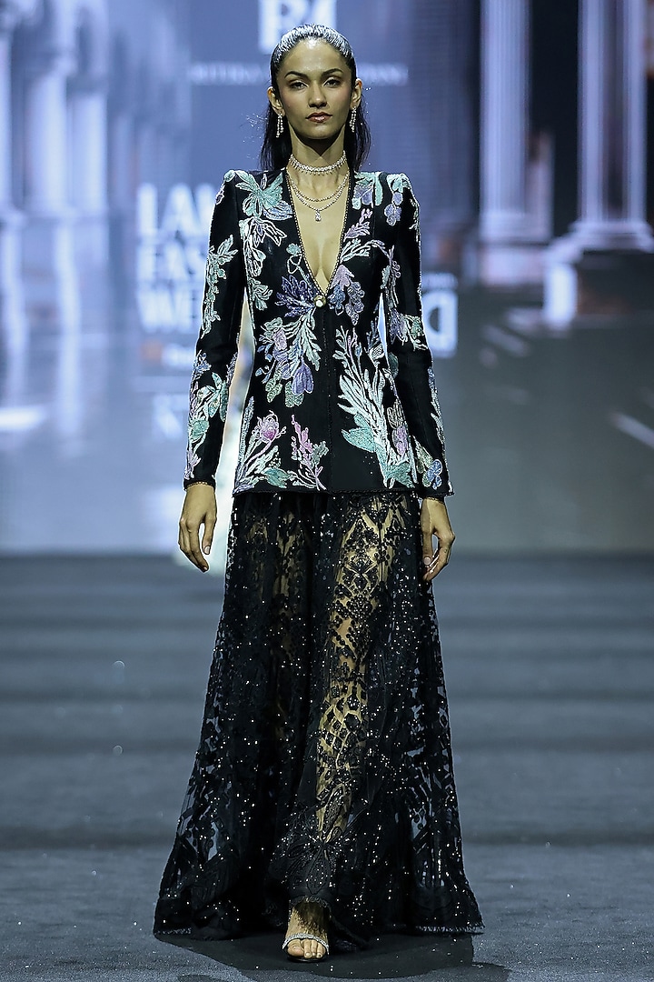 Black Net Floral Embroidered Jacket Set by Ritika Mirchandani at Pernia's Pop Up Shop