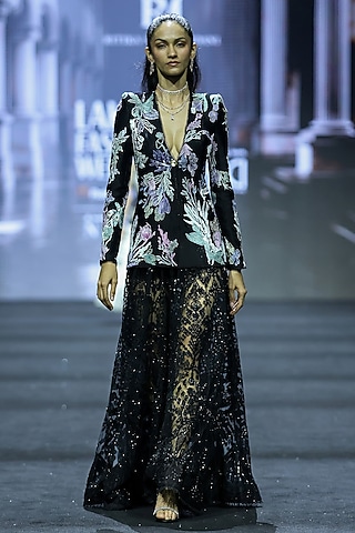 Black Net Floral Embroidered Jacket Set by Ritika Mirchandani