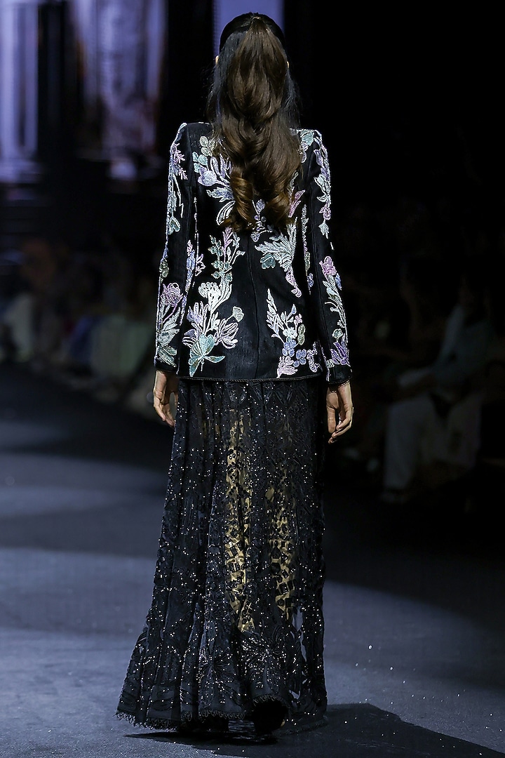 Black Net Floral Embroidered Jacket Set by Ritika Mirchandani at Pernia's Pop Up Shop