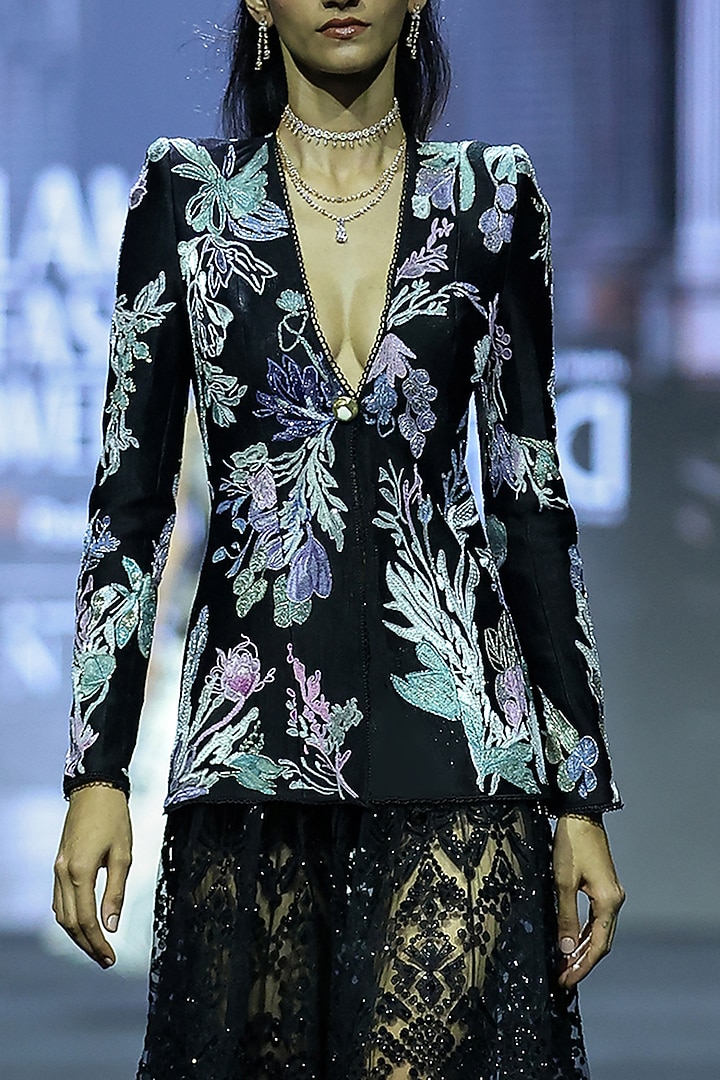 Black Net Floral Embroidered Jacket Set by Ritika Mirchandani at Pernia's Pop Up Shop