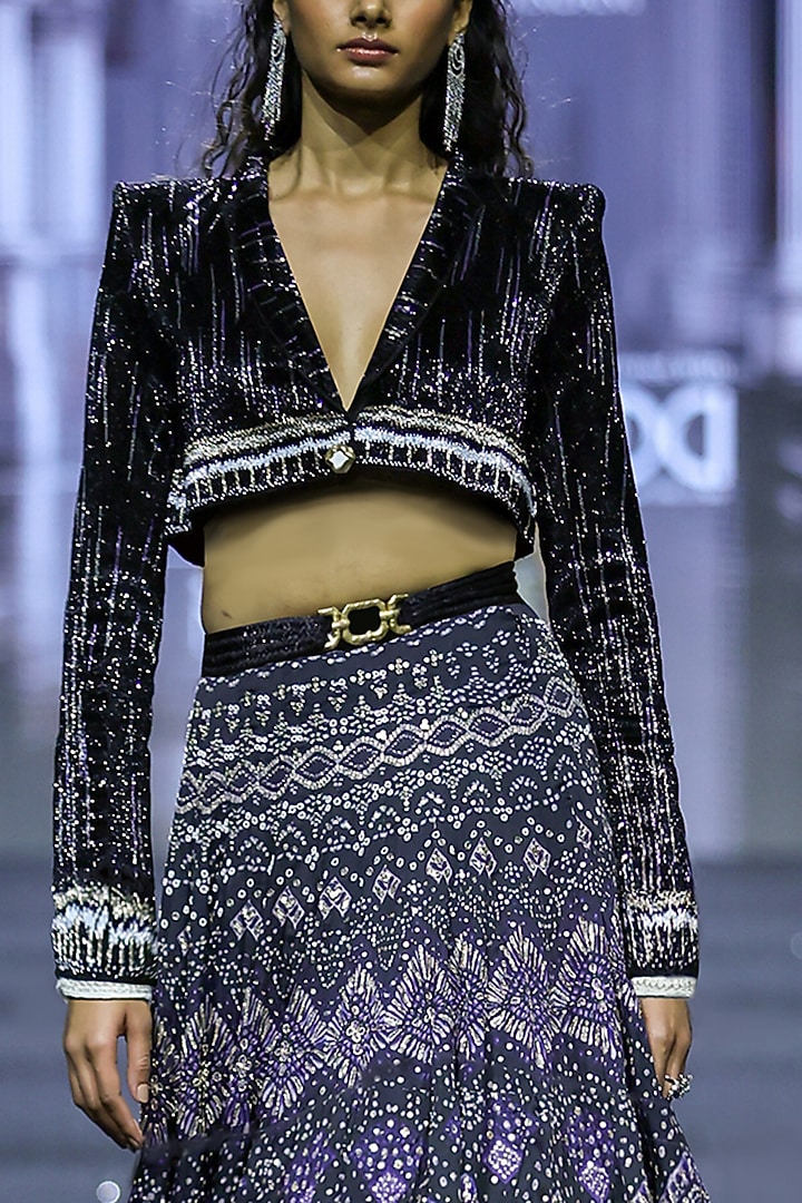 Black Satin Georgette Embroidered Blazer Set by Ritika Mirchandani at Pernia's Pop Up Shop