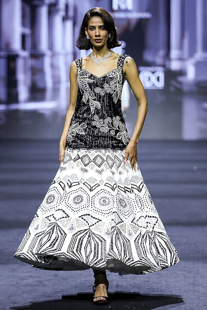 White Net Ajrakh Embroidered Bridal Lehenga Set by Ritika Mirchandani at Pernia's Pop Up Shop