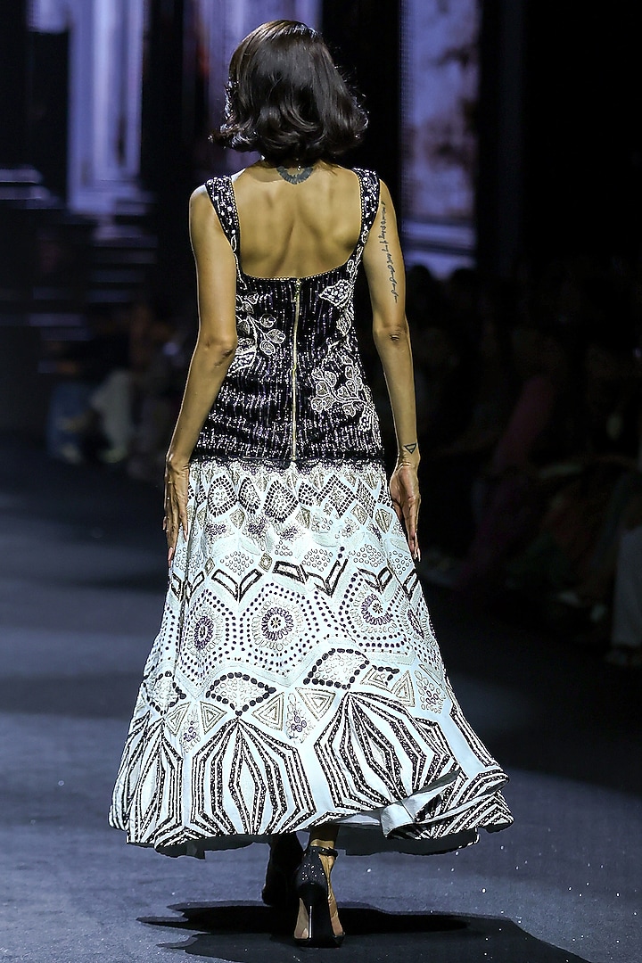 White Net Ajrakh Embroidered Bridal Lehenga Set by Ritika Mirchandani at Pernia's Pop Up Shop