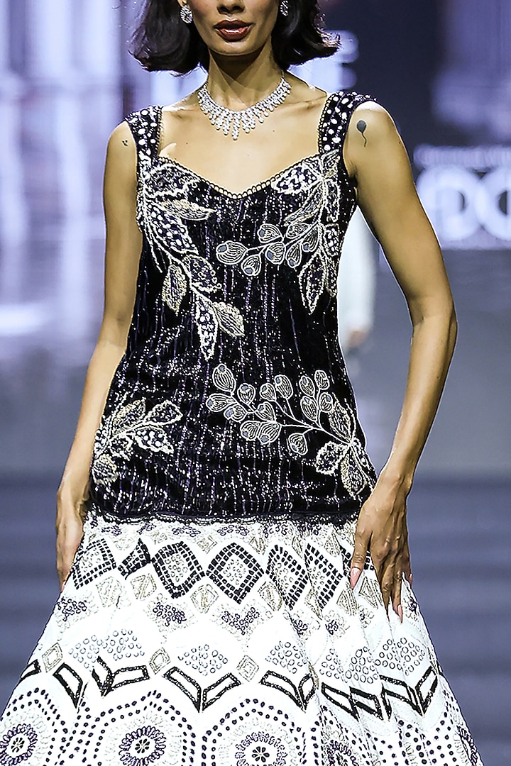 White Net Ajrakh Embroidered Bridal Lehenga Set by Ritika Mirchandani at Pernia's Pop Up Shop