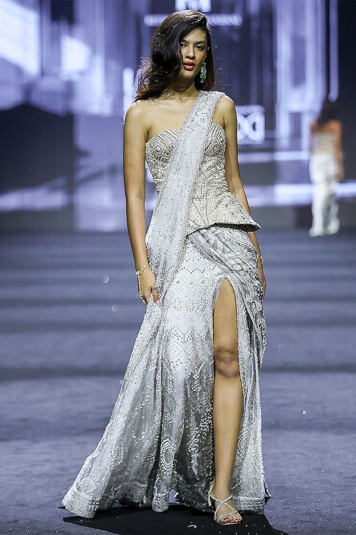 Grey Net & Silk Ajrakh Printed Bridal Lehenga Saree Set by Ritika Mirchandani at Pernia's Pop Up Shop