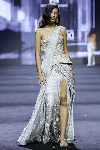 Grey Net & Silk Ajrakh Printed Lehenga Saree Set by Ritika Mirchandani