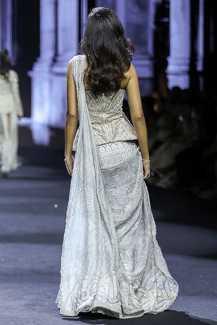 Grey Net & Silk Ajrakh Printed Bridal Lehenga Saree Set by Ritika Mirchandani at Pernia's Pop Up Shop