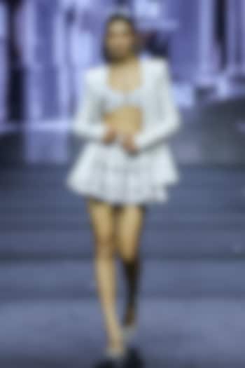 Ivory Net & Linen Cutwork Jacket Set by Ritika Mirchandani at Pernia's Pop Up Shop