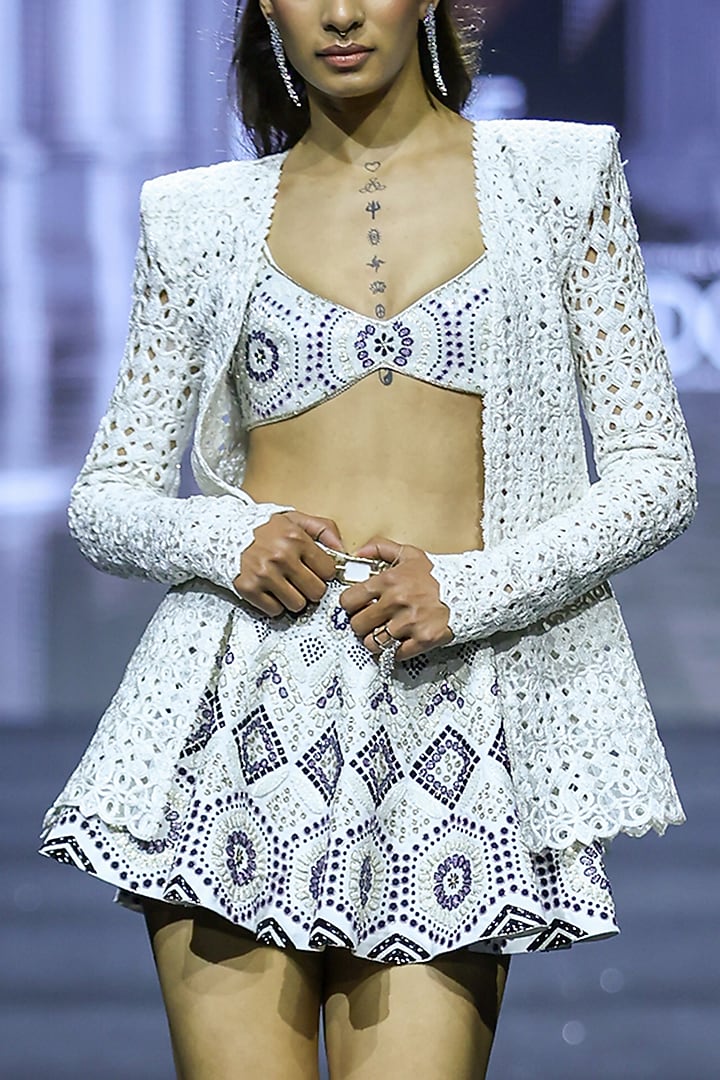 Ivory Net & Linen Cutwork Jacket Set by Ritika Mirchandani at Pernia's Pop Up Shop