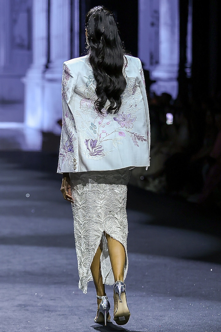 Grey Georgette Floral Embroidered Jacket Set by Ritika Mirchandani at Pernia's Pop Up Shop