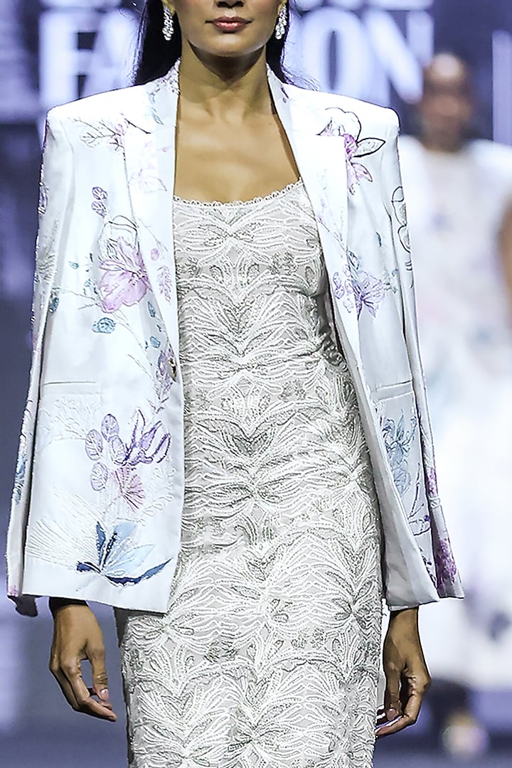 Grey Georgette Floral Embroidered Jacket Set by Ritika Mirchandani at Pernia's Pop Up Shop