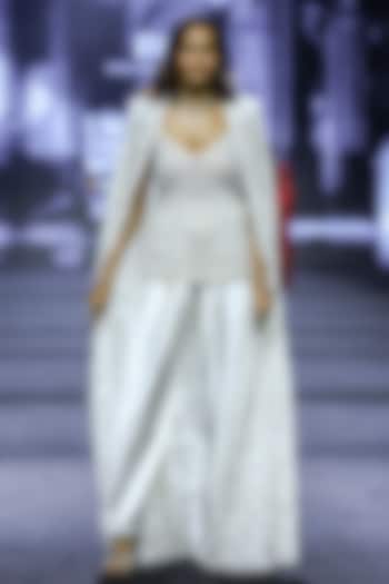 Ivory Net & Satin Cutwork Jacket Set by Ritika Mirchandani at Pernia's Pop Up Shop