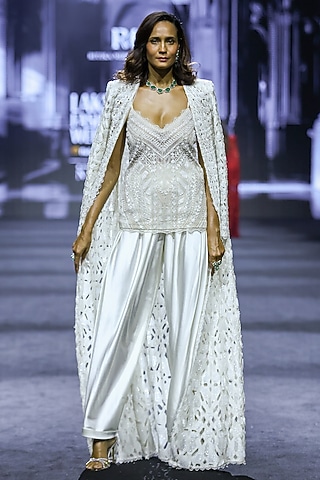 Ivory Net & Satin Cutwork Jacket Set by Ritika Mirchandani