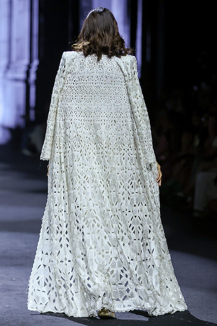 Ivory Net & Satin Cutwork Jacket Set by Ritika Mirchandani at Pernia's Pop Up Shop