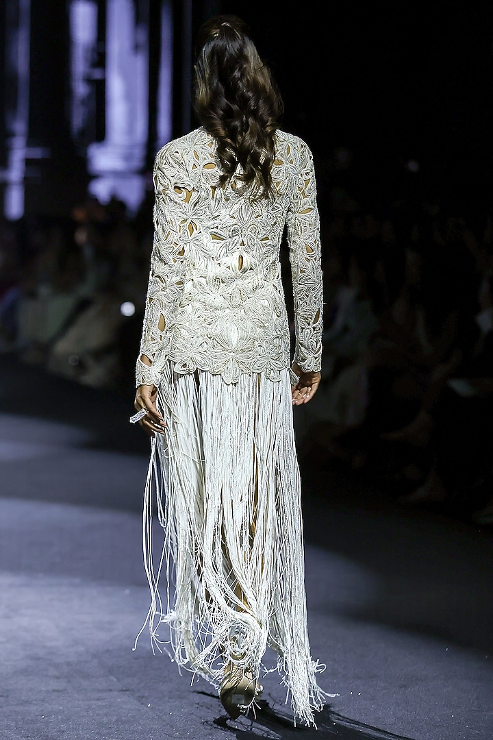 Grey Net & Dupion Tasseled Skirt Set by Ritika Mirchandani at Pernia's Pop Up Shop