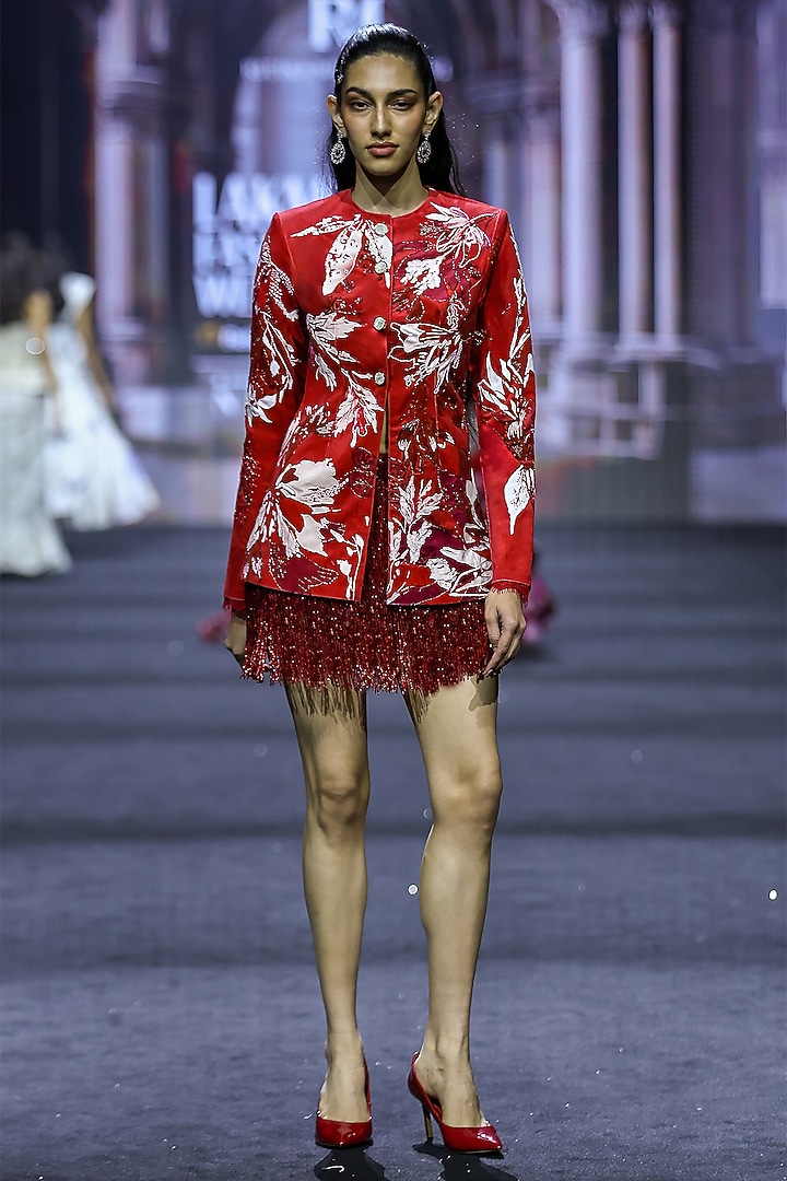 Red Net & Dupion Floral Printed Co-Ord Set by Ritika Mirchandani at Pernia's Pop Up Shop
