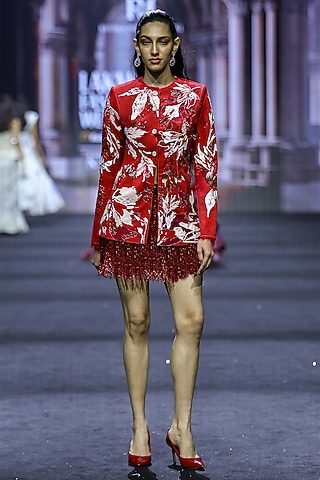 Red Net & Dupion Floral Printed Co-Ord Set by Ritika Mirchandani