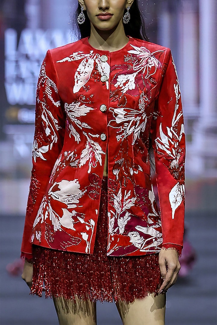 Red Net & Dupion Floral Printed Co-Ord Set by Ritika Mirchandani at Pernia's Pop Up Shop