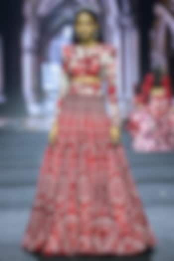 Red Net & Organza Ajrakh Printed Bridal Lehenga Set by Ritika Mirchandani at Pernia's Pop Up Shop