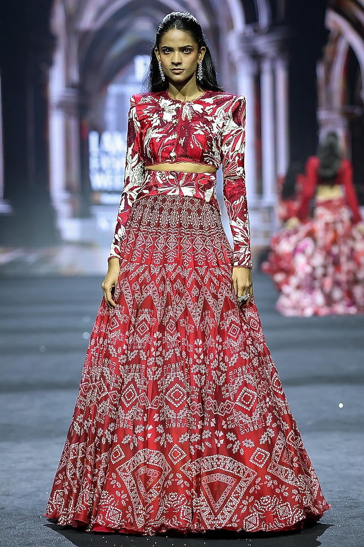 Red Net & Organza Ajrakh Printed Bridal Lehenga Set by Ritika Mirchandani at Pernia's Pop Up Shop