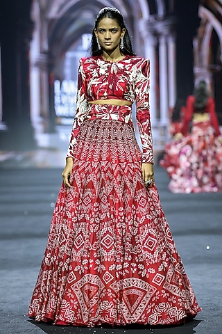 Red Net & Organza Ajrakh Printed Lehenga Set by Ritika Mirchandani