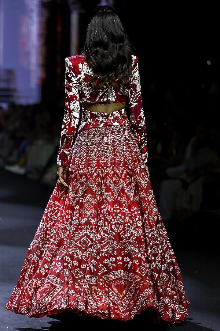 Red Net & Organza Ajrakh Printed Bridal Lehenga Set by Ritika Mirchandani at Pernia's Pop Up Shop