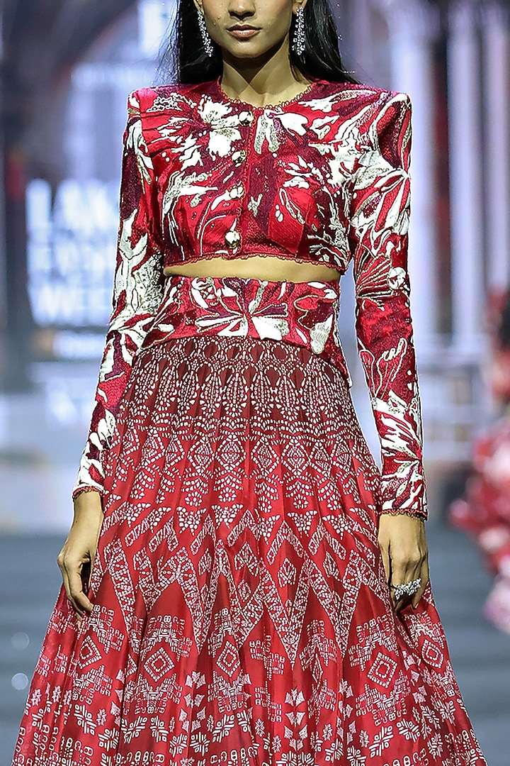 Red Net & Organza Ajrakh Printed Bridal Lehenga Set by Ritika Mirchandani at Pernia's Pop Up Shop
