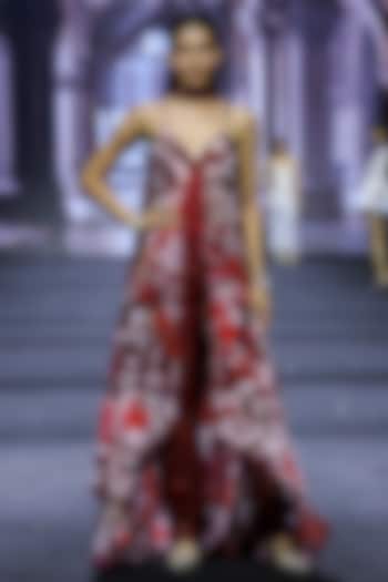 Red Crepe & Organza Floral Printed Open Jacket Set by Ritika Mirchandani at Pernia's Pop Up Shop
