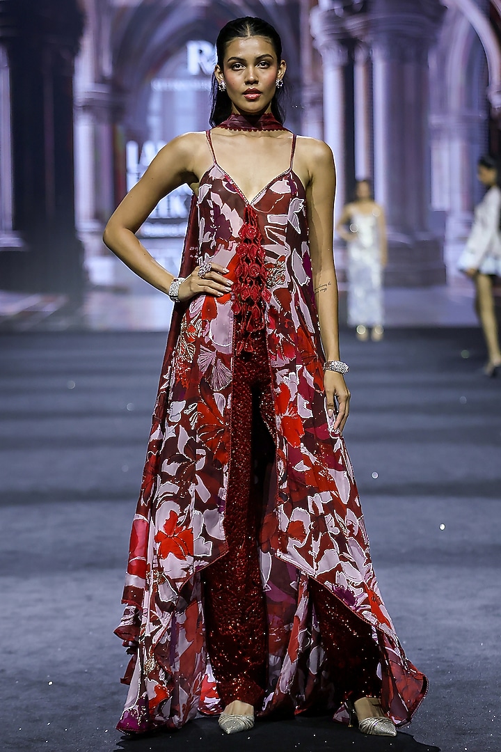 Red Crepe & Organza Floral Printed Open Jacket Set by Ritika Mirchandani at Pernia's Pop Up Shop