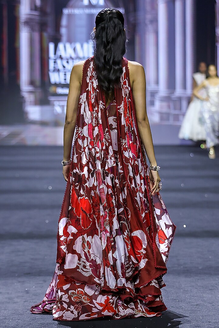 Red Crepe & Organza Floral Printed Open Jacket Set by Ritika Mirchandani at Pernia's Pop Up Shop