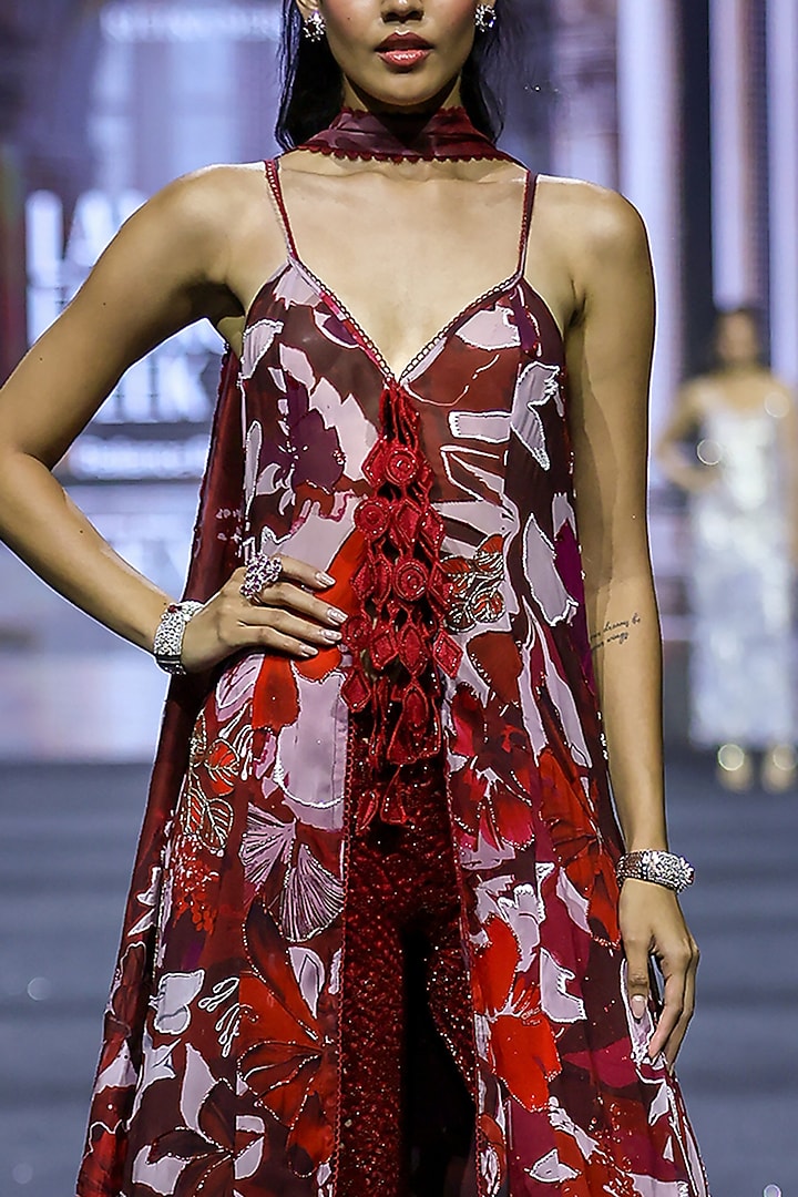 Red Crepe & Organza Floral Printed Open Jacket Set by Ritika Mirchandani at Pernia's Pop Up Shop
