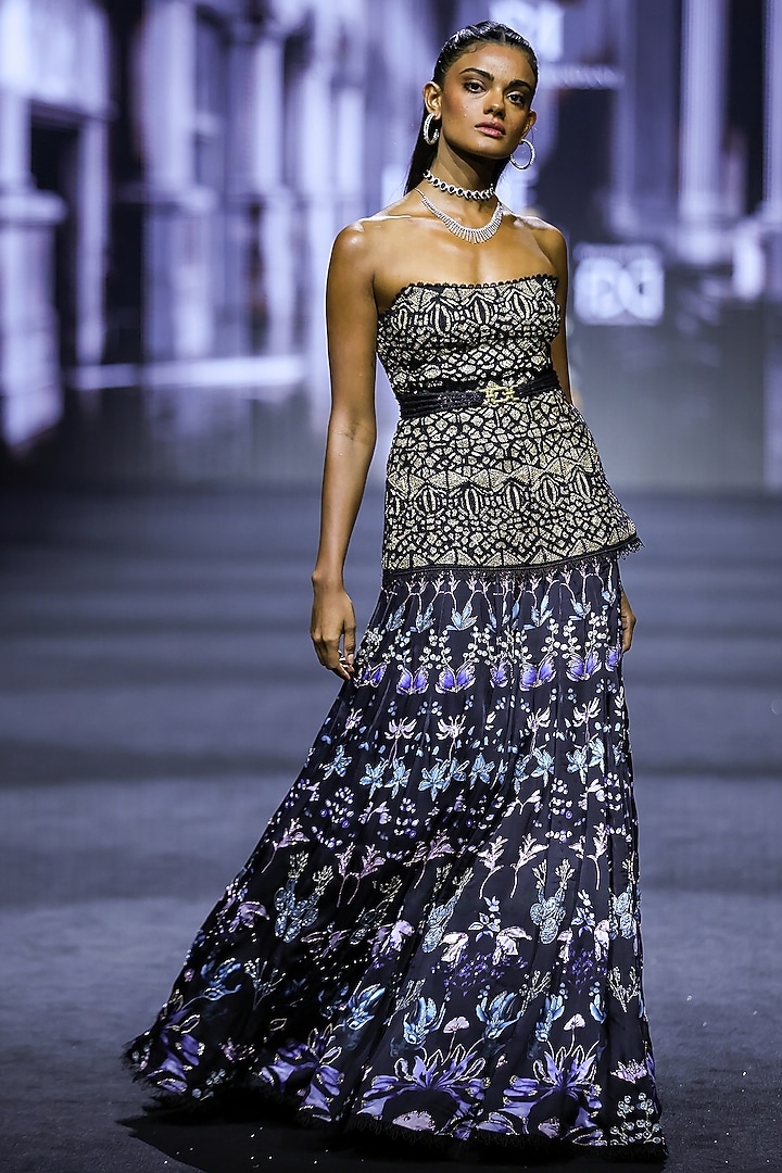 Black Net & Satin Owl Embroidered Skirt Set by Ritika Mirchandani at Pernia's Pop Up Shop
