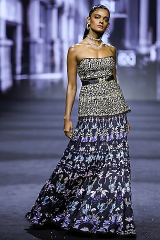 Black Net & Satin Owl Embroidered Skirt Set by Ritika Mirchandani