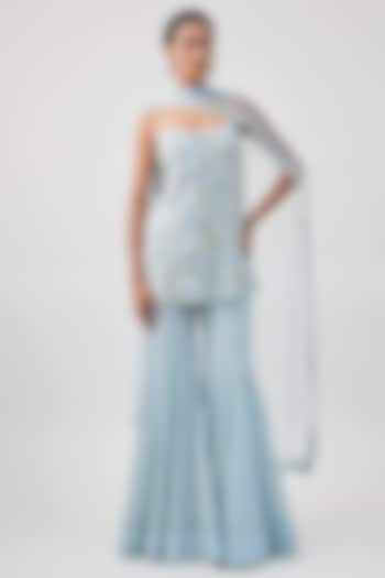Ice Blue Double Georgette Embroidered Bridal Sharara Set by Ritika Mirchandani at Pernia's Pop Up Shop