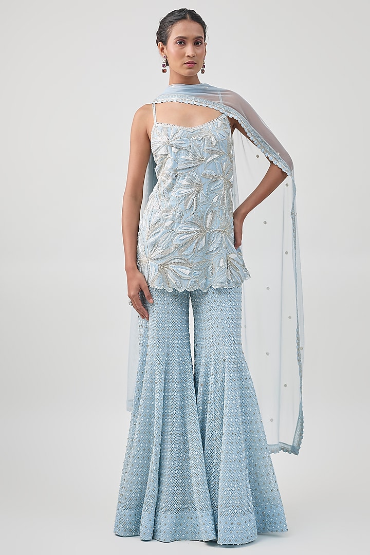 Ice Blue Double Georgette Embroidered Bridal Sharara Set by Ritika Mirchandani at Pernia's Pop Up Shop