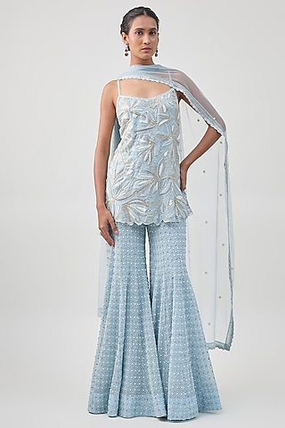 Ice Blue Double Georgette Embroidered Sharara Set by Ritika Mirchandani