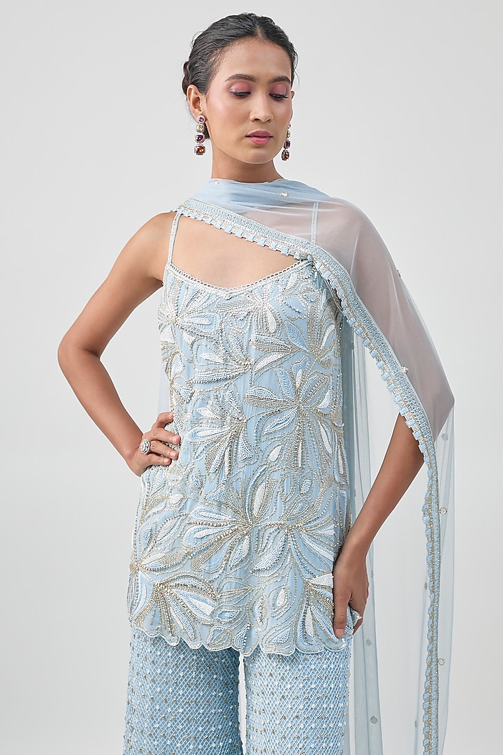 Ice Blue Double Georgette Embroidered Bridal Sharara Set by Ritika Mirchandani at Pernia's Pop Up Shop