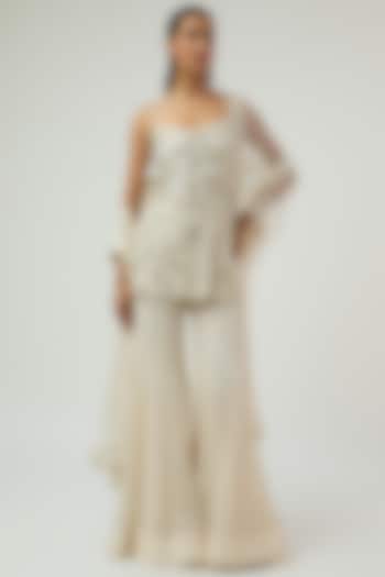 Ivory & Gold Georgette Embroidered Bridal Sharara Set by Ritika Mirchandani at Pernia's Pop Up Shop
